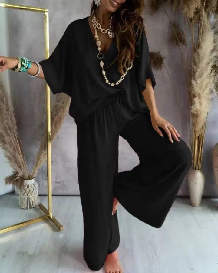 Lorraine | V-Neck Top & Wide-Leg Pants Set